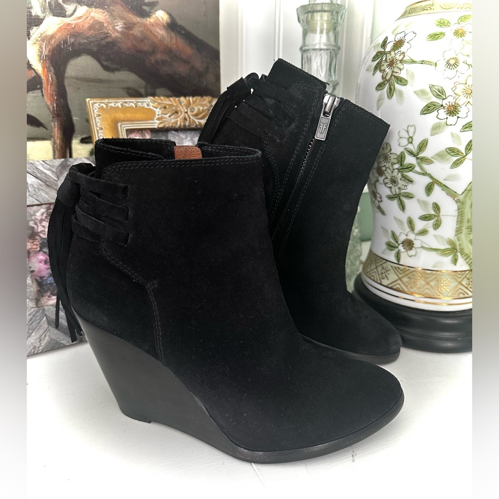 Frye Cece Tassel Lace Wedge Booties in black suede